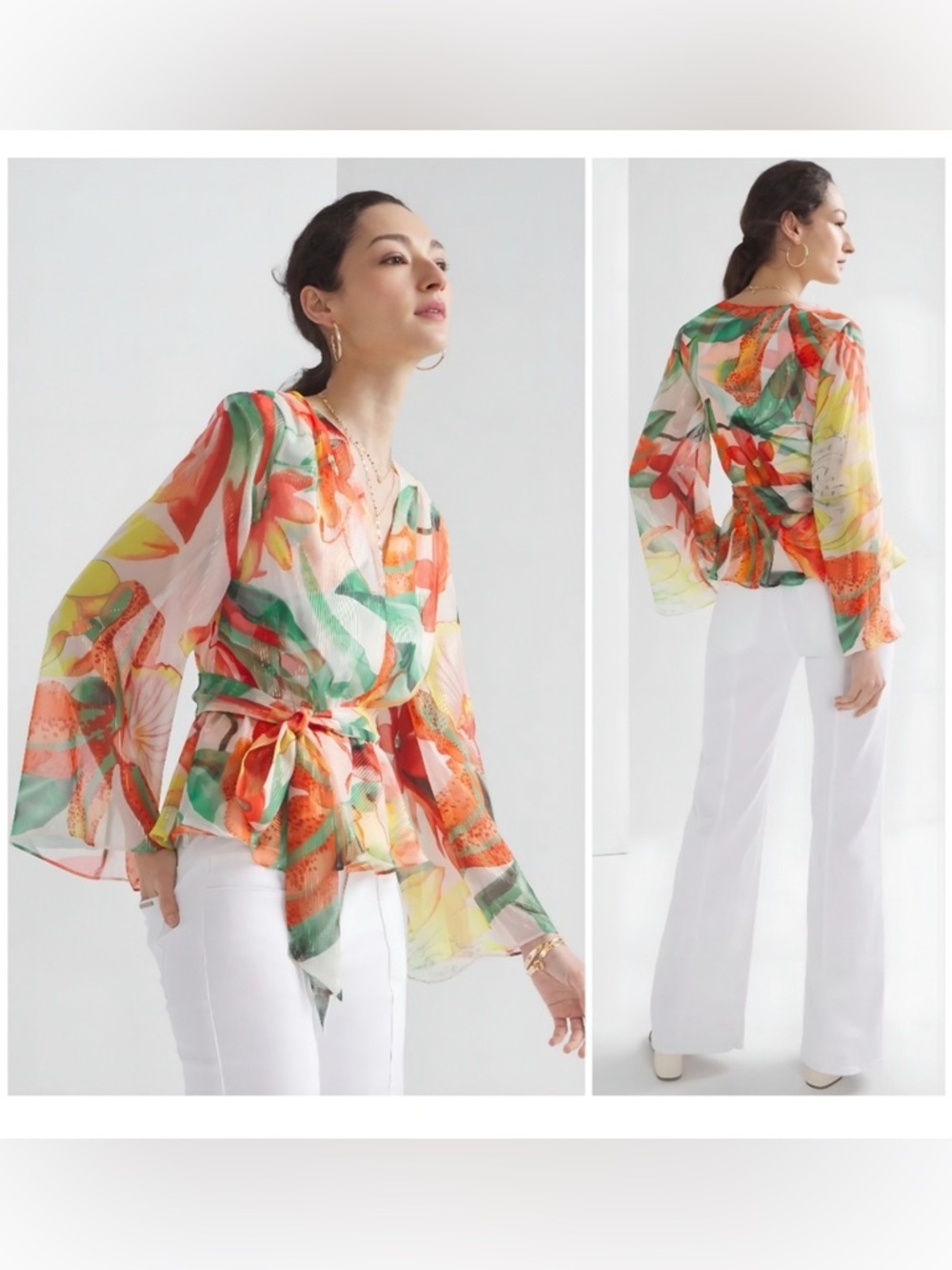 Like New White House Black Market Dramatic Tropical Print Blouse Size: Small
